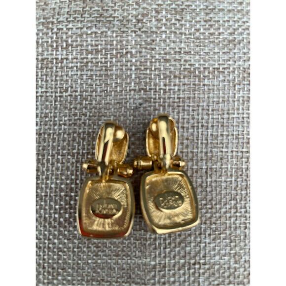 Joan Rivers Vintage Cabochon Stud Earrings Faux Amber Gold Black Enamel Signed - Picture 3 of 5